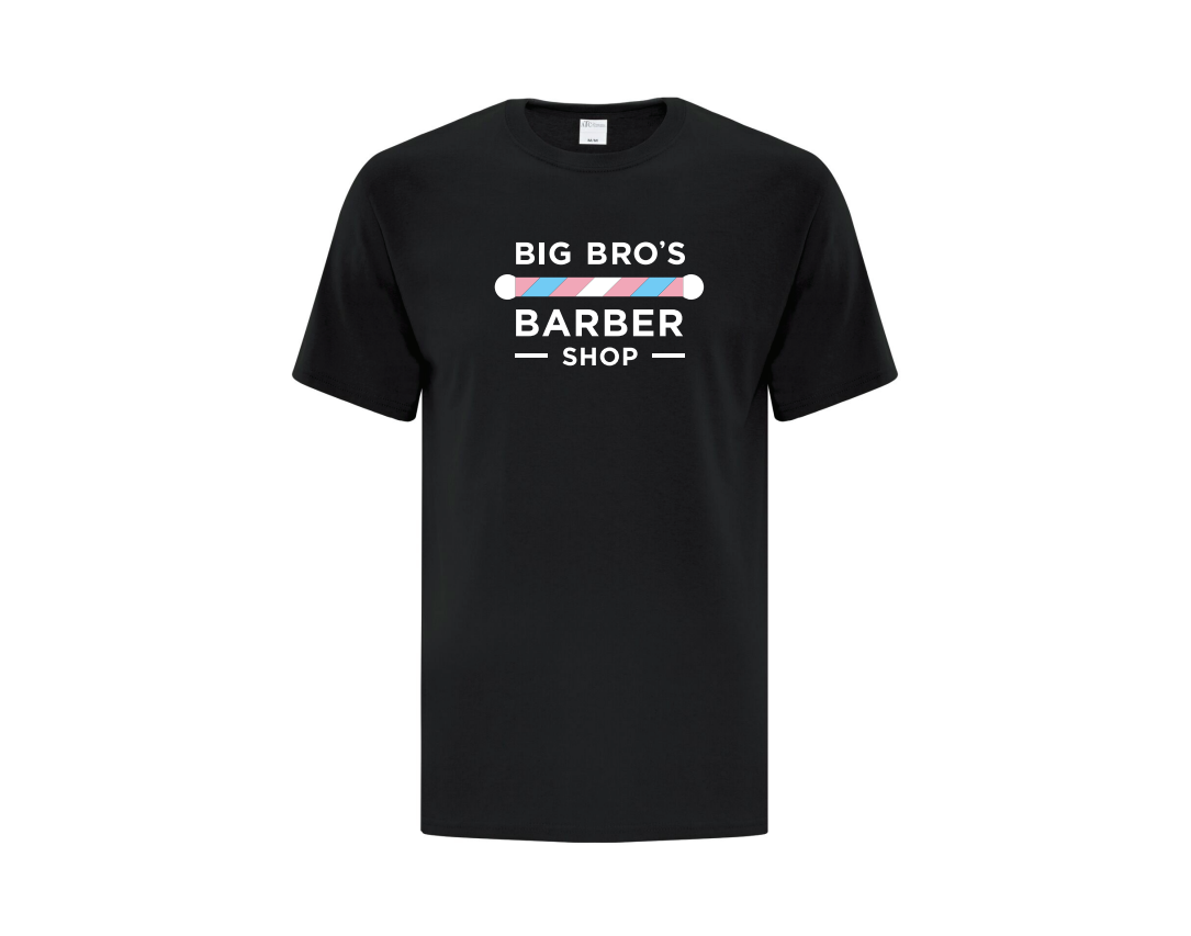 black t-shirt with large Big Bro's Barbershop logo on the chest