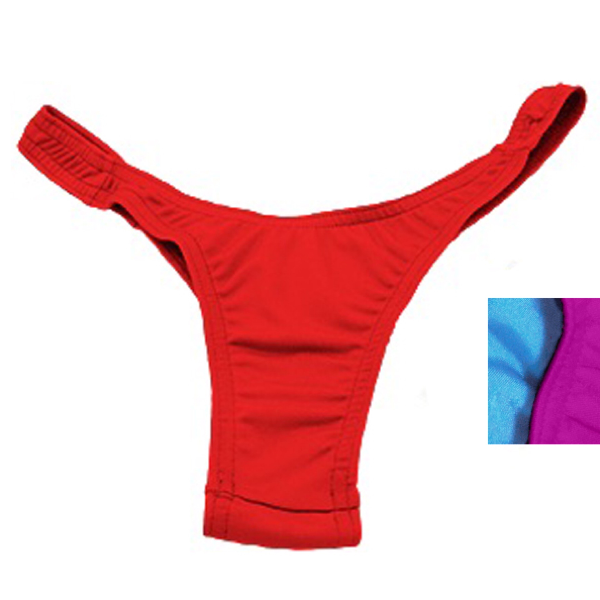 Product image of the luxury gaff. It is shaped like thong underwear with a wider centre strap. The pictured one is bright red.