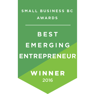 Green badge awarded by the Small Business BC Awards, reading "Best Emerging Entrepreneur Winner 2016"